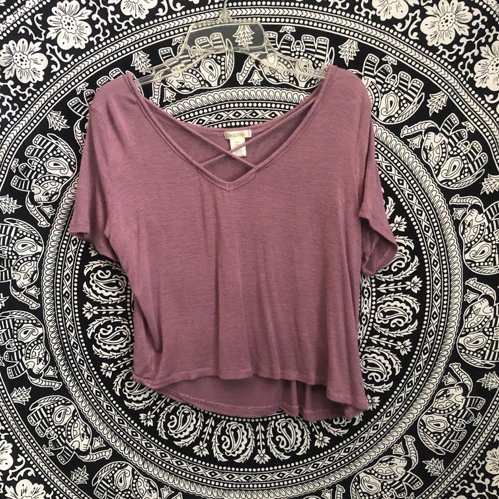 pinkish purple tee shirt w crosses on top